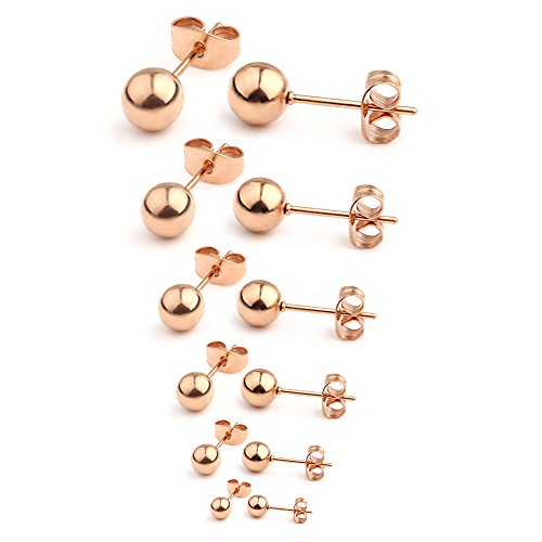 20G Stainless Steel Ball Stud Earrings for Men Women Round 3-8mm 6Pairs - color: 6Pairs - Rose Gold