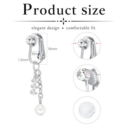 Zolure Gold/Silver Fake Belly Ring 3PCS Clip on Belly Button Rings Surgical Steel Non Piercing Navel Ring Devil Butterfly Clear CZ Dangle Fake Belly Piercing Jewelry with Pain Reducing Silicone Pad - color: silver