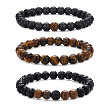 Mens Bead Bracelet Set - Adjustable Elastic Rope With 6&8MM Natural Stone Multi-Colored Beads - Tiger Eye Bracelets for Men - Gift - style: 3,tiger eye,black bracelet