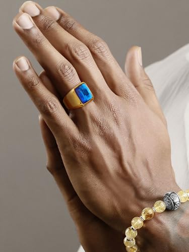 KeyStyle Square Gemstone Signet Rings for Men, Personalized Stainless Steel Pinky Ring with Black Onxy Blue Topaz Birthstone Statement Ring - color: Gold - Blue Topaz - 15mm