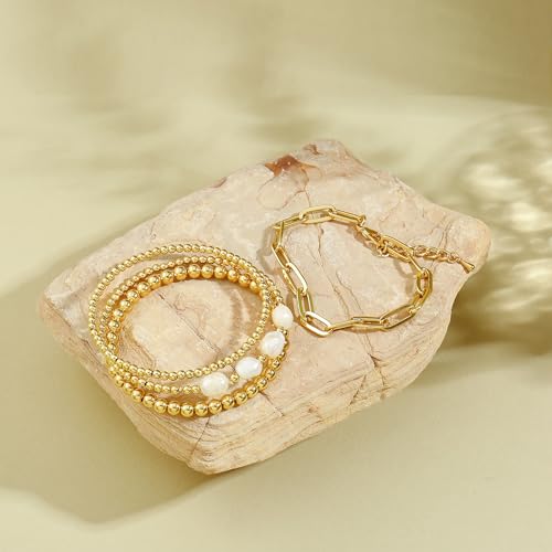 Badu Gold Beaded Bracelets for Women Boho Crystal Multiple Layered Stackable Wrap Bangle Set Paperclip Chain Trendy Jewelry - color: Gold-pearl