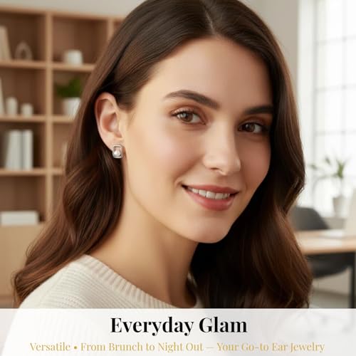 Pearl Geometric Stud Earrings for Women - 14k Gold Plated Pearl Square Studs 316 Stainless Steel Hypoallergenic Minimalist Rectangle Ear Jewelry Birthday Gifts for Her