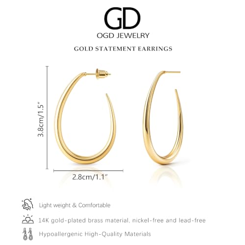 OGD Teardrop Hoop Earrings for Women 14K Gold Plated Large Chunky Oval Pull Through Hoop Earrings Statement Jewelry Gift for Women Hypoallergenic - color: Oval Earrings-Gold