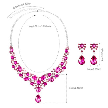 Hicarer Bridal Teardrop Cluster Crystal Jewelry Set for Women Necklace Earrings Wedding - color: Rose Red