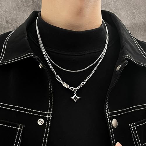 Gothic Cross Star Necklace For Men Women Silver Stainless Steel Cuban Link Paperclip Figaro Bead Chain Punk Kpop Y2k Goth Irregular Layered Cross Pendant Necklace Non Tarnish Jewelry Gift - color: Silve--Star Layered Necklace