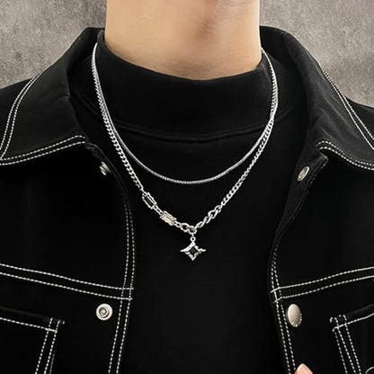 Gothic Cross Star Necklace For Men Women Silver Stainless Steel Cuban Link Paperclip Figaro Bead Chain Punk Kpop Y2k Goth Irregular Layered Cross Pendant Necklace Non Tarnish Jewelry Gift - color: Silve--Star Layered Necklace