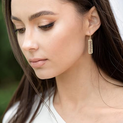 Gold Rectangle Dangle Earrings - Handmade Resin with Abalone Shell Pieces, Unique Drop Earrings