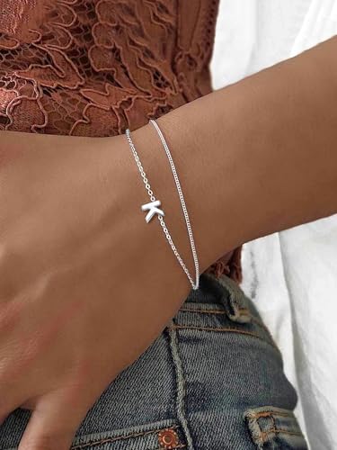 ChicSilver Initial Bracelet for Women 925 Sterling Silver Letter Initial Bracelet Dainty Personalized 26 Alphabet Jewelry Gifts for Birthday Anniversary Wedding - style: E
