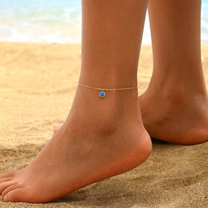 Opal Anklet for Women, 18K Gold Plated Stainless Steel Waterproof Adjustable Beach Ankle Bracelet with Gift Box, 5 Colors - color: Blue
