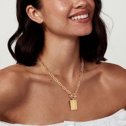 Tewiky Gold Initial Necklaces for Women, Square Letter Pendant Necklace | Toggle Clasp，Trendy 14K Gold Plated Dainty Paperclip Chain Necklaces for Women，Jewelry Gifts - style: Gold L
