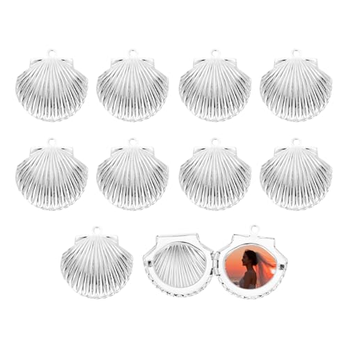 MECCANIXITY Custom Photo Locket Charm, Copper Retro Picture Locket Pendants for DIY Memorial KeyChains Necklace Bracelet Jewelry Making - color: Silver, style: Seashell
