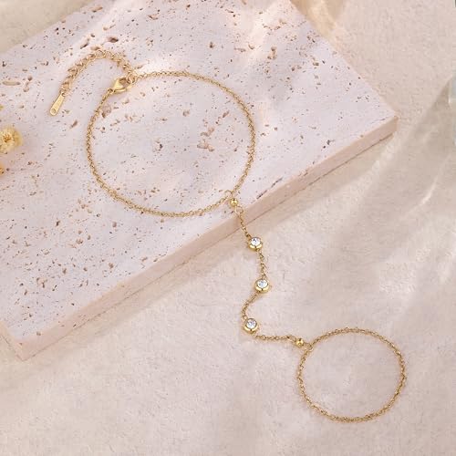 Hand Chain Bracelet Stainless Steel Gold Handchain Bracelets | Non Tarnish Handchain Bracelet for Women Summer Essentials Gold Link Bracelet Beach Waterproof Jewelry - color: Gold Cubic Zirconia