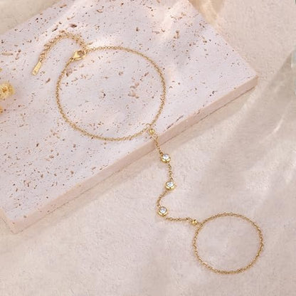 Hand Chain Bracelet Stainless Steel Gold Handchain Bracelets | Non Tarnish Handchain Bracelet for Women Summer Essentials Gold Link Bracelet Beach Waterproof Jewelry - color: Gold Cubic Zirconia