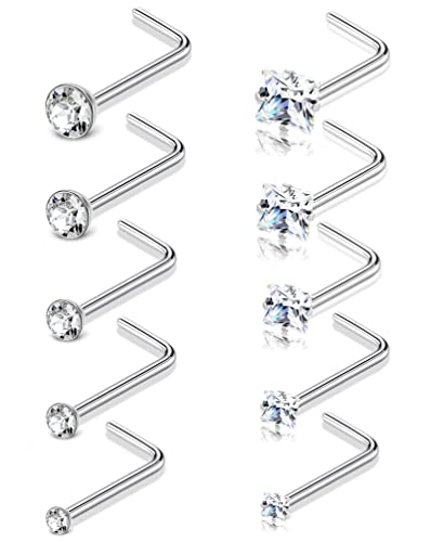 20G 10Pcs Stainless Steel L Screw Bone Shaped Nose Studs Rings Square Round CZ Nose Ring Labret Nose Piercing Jewelry for Men Women Silver Tone 1.5mm-2mm-2.5mm-3mm-3.5mm CZ - style: H:(10Pcs,Square+Round CZ)