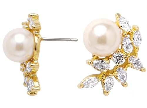 Mariell Pearl & Marquise CZ Crystal Wedding Earrings for Bride, Bridesmaids & Mother of the Bride - color: Gold