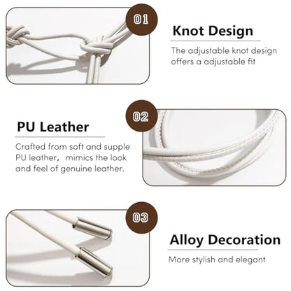 Women's Knotted Thin Waist Belt PU Leather Skinny Belts for Dresses Pants - color: Plaited Hair-white