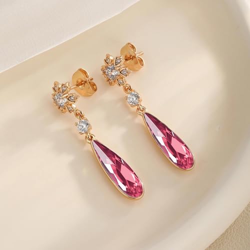 Austrian Crystal Teardrop Earrings Flower Dangle Earrings for Women 14K Gold Plated Drop Stud Earrings Hypoallergenic Jewelry - color: Rose Pink