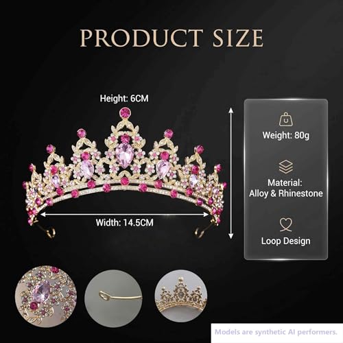 Kamirola - Queen Crown and Tiaras Princess Crown for Women Crystal Headbands for Bridal, Princess for Wedding and Party - color: Rose Pink