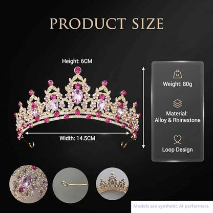 Kamirola - Queen Crown and Tiaras Princess Crown for Women Crystal Headbands for Bridal, Princess for Wedding and Party - color: Rose Pink