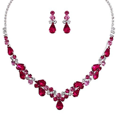 Rosemarie Collections Women's Stunning Rhinestone Crystal Teardrop Statement Necklace Hypoallergenic Drop Earrings Set, 15"+6" Extender - color: Fuchsia Pink Silver Tone