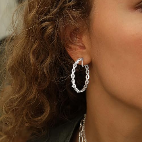 Clip On Hoop Earrings for Women Lightweight - Silver Twisted Clip-on Hoop Earings With Cubic Zirconia Fake Non Pierced Ears Jewelry - style: CZ-S40mm
