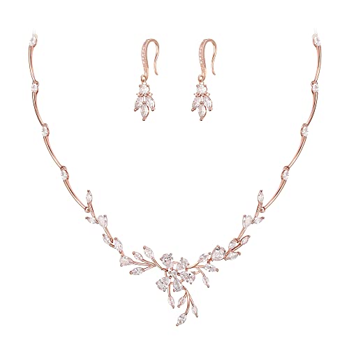 Crysdue Women's Wedding Bridal Jewelry Set for Brides Bridesmaids Cubic Zirconia Flower Leaf Vine Necklace Dangle Earrings for Prom Party - style: 16-rose gold