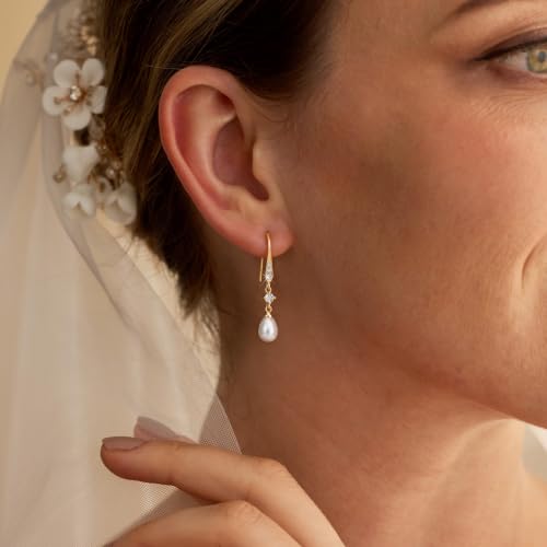 Plenky Pearl Earrings-14K Gold Plated Dainty Pearl Drop Simple Wedding CZ Dangle Dangling Cute Stud Earrings for Brides Earrings for Women Gifts - style: G-CZ Hook Pearl Earrings