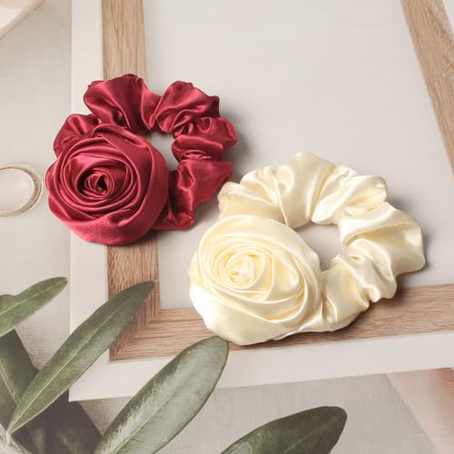 Scrunchie with Flowers, Women's Rose Ponytail Holders, Elastic Hair Bands and Ribbons Hair Accessories Pack of 6 | Fabric Scrunchies, Ponytail Holders Elastic Hair Bands, Flower Hair Tie, Hair Ribbon Scrunchie, Hair Accessories