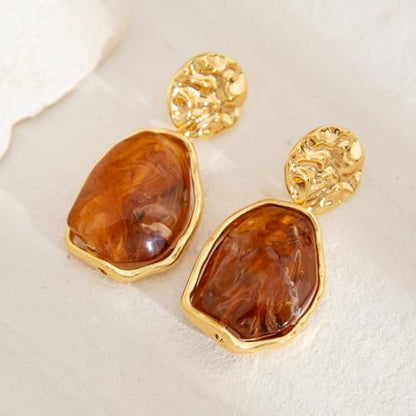 Irregular Crystal Dangle Earrings for Women Gold Textured Gemstone Earrings Geometric Acrylic Stud Earring Jewelry Gift - color: Brown
