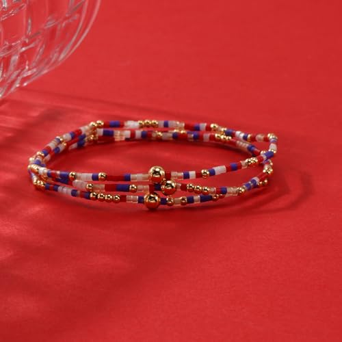 Small Seed Beaded Stack Bracelets Set for Women,Boho Handmade 3Pcs Colorful Glass Gold Stretch Accessories Jewelry, Summer Beach Wear Holiday Friendship Gift - color: Red blue