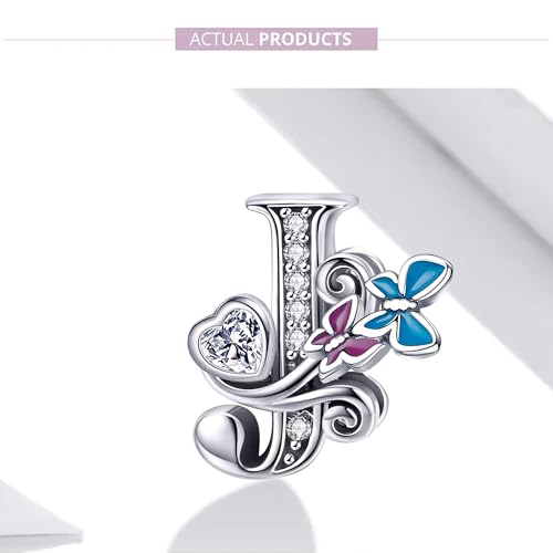 S925 Silver Butterfly Initial Letter Charms Fit for Pandora Charms Bracelets and Necklace Alphabet Bead Charms Jewelry Gifts for Women - color: J