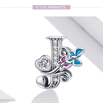 S925 Silver Butterfly Initial Letter Charms Fit for Pandora Charms Bracelets and Necklace Alphabet Bead Charms Jewelry Gifts for Women - color: J