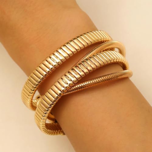 Chunky Gold Layered Cuff Bracelet for Women Men, Modern Geometric Textured Twisted Wide Open Bangle Bracelet Y2k Trendy Statement Jewelry Punk Gifts - color: Golden
