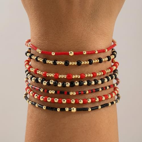 Colorful Stackable Rice Small Mini Seed Beaded Bracelets Set For Women, Handmade Dainty Boho Gold Glass Stretch Accessories Jewelry,Summer Beach Party Daily Friendship Gift - color: 8Pcs Black Red
