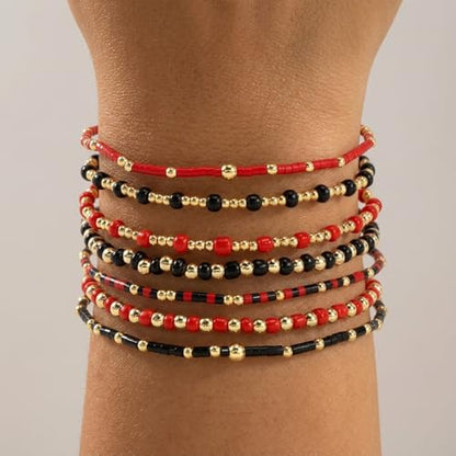 Colorful Stackable Rice Small Mini Seed Beaded Bracelets Set For Women, Handmade Dainty Boho Gold Glass Stretch Accessories Jewelry,Summer Beach Party Daily Friendship Gift - color: 8Pcs Black Red