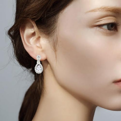CIEHER Silver 2/3 Pieces Women Jewelry Set - Drop Necklace + Crystal Teardrop Dangle Earring Clips, Crystal Clip On Earrings Silver Non Pierced - style: Formal