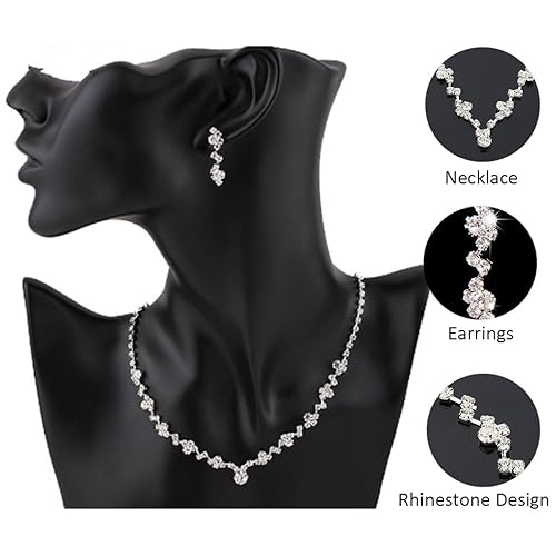 Unicra Bride Crystal Necklace Earrings Set Bridal Wedding Jewelry Sets Rhinestone Choker Necklace Costume Jewelry Set for Women and Brides - color: Silver Necklace Earrings
