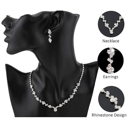 Unicra Bride Crystal Necklace Earrings Set Bridal Wedding Jewelry Sets Rhinestone Choker Necklace Costume Jewelry Set for Women and Brides - color: Silver Necklace Earrings