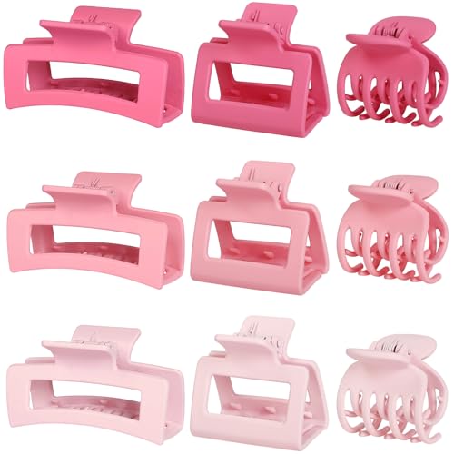 CHANDAT Medium Hair Clips Set for Women - 3Styles, 9PCS - Pink | Rectangle Hair Clips for Thick Hair, Square Claw Clips for Thin Hair, Non-Slip Strong Hold, Matte Hair Accessories - color: Pink