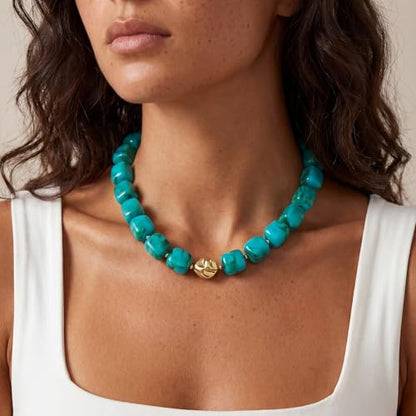 Beaded Necklaces for Women Boho Chunky Necklace Statement Big Resin Bead Choker Fashion Summer Beach Jewelry - color: Turquoise
