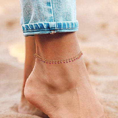 Gold Anklets for Women 14K Gold Plated Tiny Bead Anklet Colorful Tassel Foot Chain Dainty Adjustable Cute Summer Beach Boho Anklets Jewelry Gift - color: nano rose