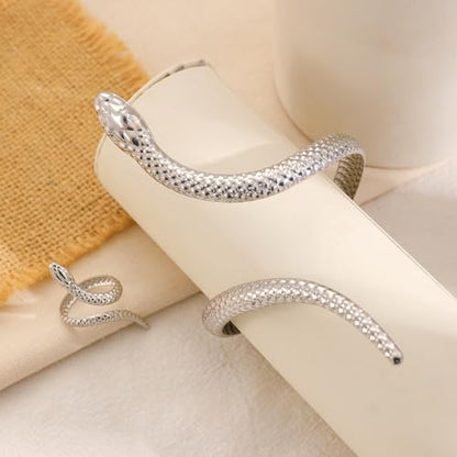Gold/Silver Snakes Jewelry for Women Goth Snake Bracelet Ring Set Open Adjustable Snake Ring Halloween Prom Jewelry Costume Accessories Emo Accessories - color: Silver1