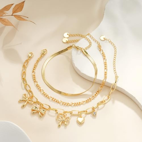 3PCS Charm Gold Bracelets for Women Non Tarnish,14k Plated Gold Bracelet Stack Cute Dainty Stackable Trendy Bow Cross Clover Bracelets Set Tarnish Free Gold Jewelry for Women Gifts - color: Bow-Gold
