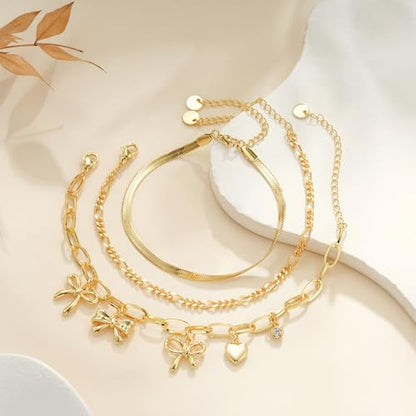 3PCS Charm Gold Bracelets for Women Non Tarnish,14k Plated Gold Bracelet Stack Cute Dainty Stackable Trendy Bow Cross Clover Bracelets Set Tarnish Free Gold Jewelry for Women Gifts - color: Bow-Gold