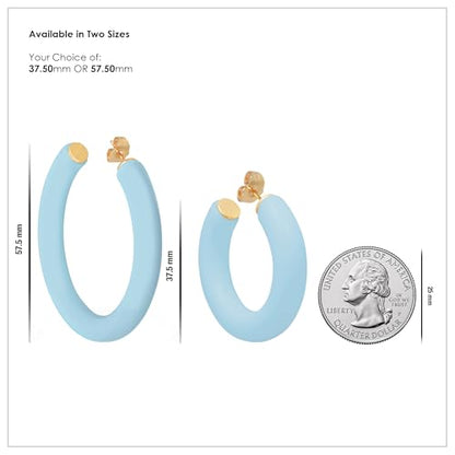 Gold Plated Multicolor Resin Chunky Thick Open Hoop Earrings in 57MM and 37.5MM Diameters - color: Blue - Baby Blue - Matte Finish, size: 37.5MM (1.48") Diameter