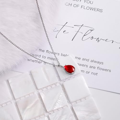 Teardrop Pendant Necklace for Women - Sterling Silver Birthstone Crystal Necklace Gift - color: Ruby