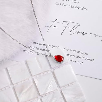 Teardrop Pendant Necklace for Women - Sterling Silver Birthstone Crystal Necklace Gift - color: Ruby