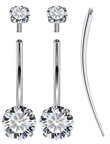 Oufksiyy Long and Extra Long Bar Belly Button Ring Internal Thread Hypoallergenic Surgical Stainless Steel 14mm 16mm 14 Gauge Navel Rings Cubic Zirconia Buuton Body Piercing Jewelry for Women Men - color: Double Cubic Zirconia 14MM