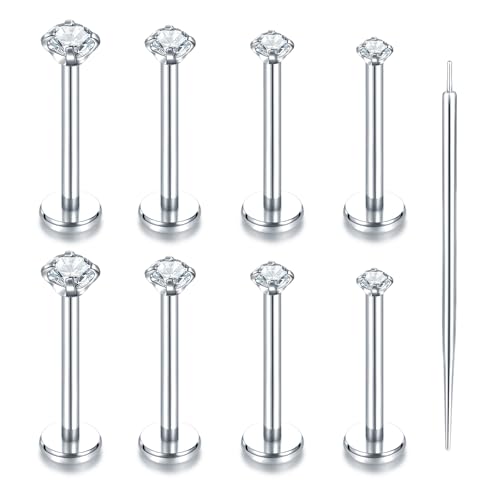 Oveta Threadless Push in Lip Rings 16G/18G/20G Labret Jewelry CZ Lip Studs Stainless Steel Cartilage Earrings for Women Monroe Medusa Piercing Jewelry 6/7/8/10/12mm Bar Length - color: Silver, size: 16G*10mm bar*1.5/2/2.5/3mm cz
