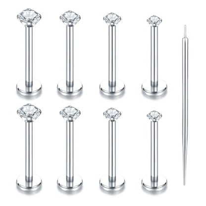 Oveta Threadless Push in Lip Rings 16G/18G/20G Labret Jewelry CZ Lip Studs Stainless Steel Cartilage Earrings for Women Monroe Medusa Piercing Jewelry 6/7/8/10/12mm Bar Length - color: Silver, size: 16G*10mm bar*1.5/2/2.5/3mm cz